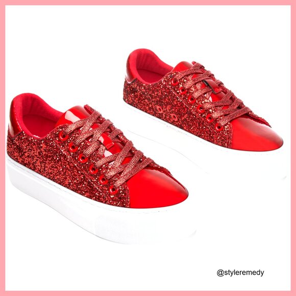 Glitter Platform Sneakers Lace-Up Chunky Sole Comfortable Walking Shoes